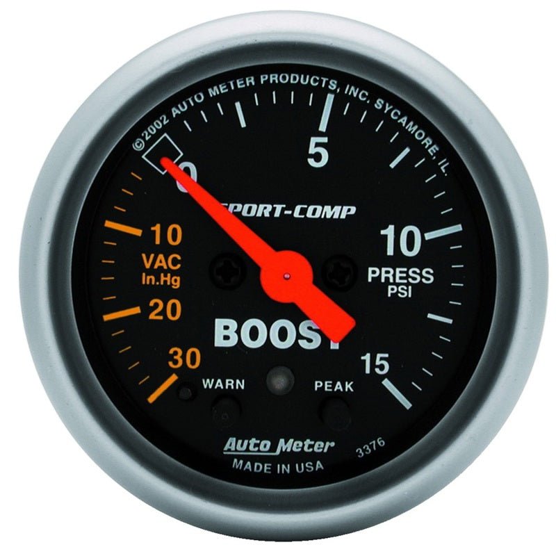 Autometer Sport-Comp 52mm Electronic  Full Sweep 30 In Hg.-Vac./15 PSI Boost Gauge AutoMeter Gauges