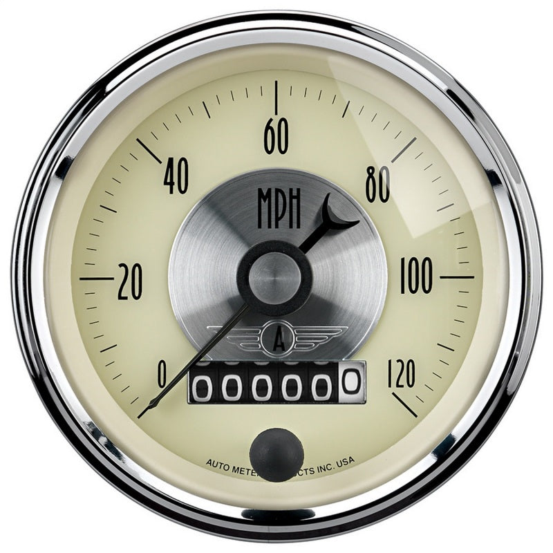 AutoMeter Gauge Speedo 3-3/8in. 120MPH Elec. Program W/Wheel Odo Prestige Antq. Ivory AutoMeter Gauges