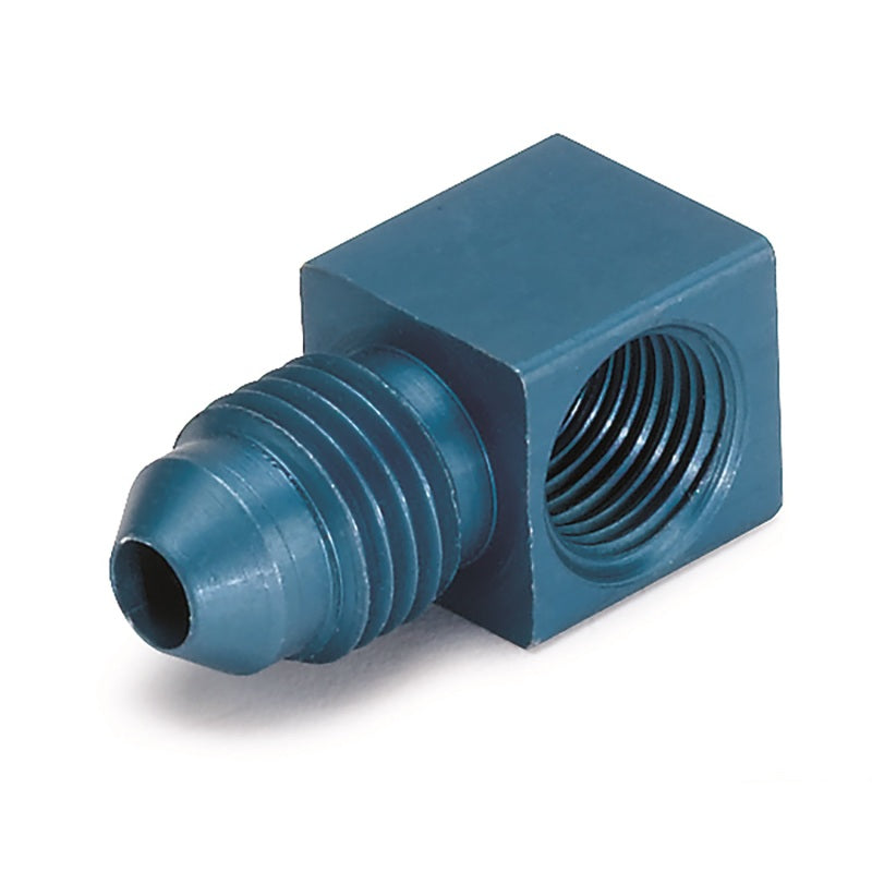 AutoMeter Fitting Adapter 90 Deg. 1/8in. NPT Female To -4AN Male Aluminum Blue Anodized AutoMeter Gauges