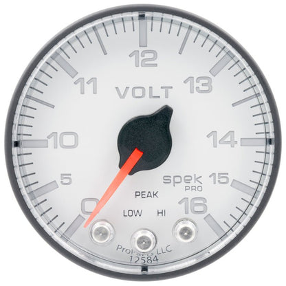 Autometer Spek-Pro Gauge Voltmeter 2 1/16in 16V Stepper Motor W/Peak & Warn Wht/Blk AutoMeter Gauges