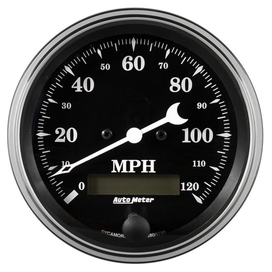 Auto Meter Gauge Speedo. 3 3/8in 120mph Elec. Prog. w/ LCD Odo Old Tyme Black AutoMeter Gauges