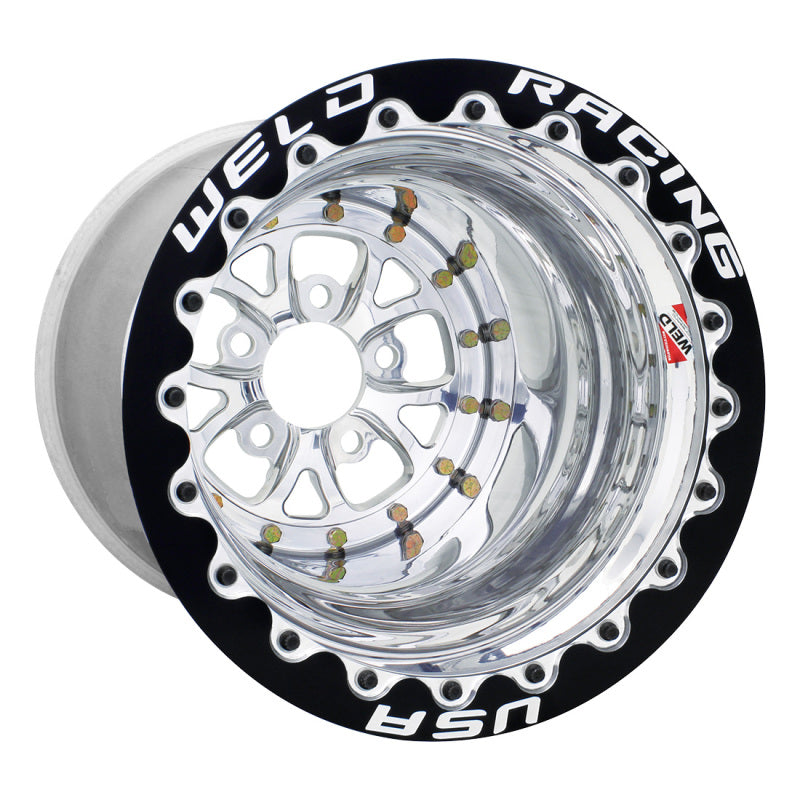 Weld V-Series 15x12 / 5x4.75 BP / 4in. BS Polished Wheel - Polished Double Beadlock MT Weld Wheels - Forged