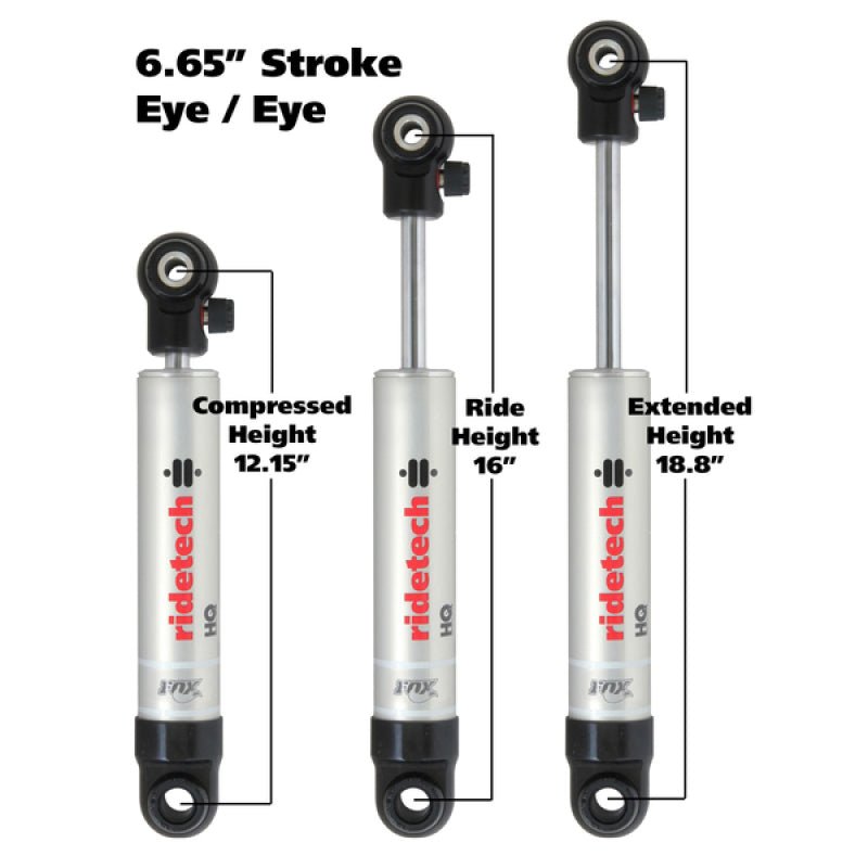 Ridetech HQ Series Shock Absorber Single Adjustable 6.65in Stroke Eye/Eye Mounting 12.15in x 18.8in Ridetech Shocks and Struts