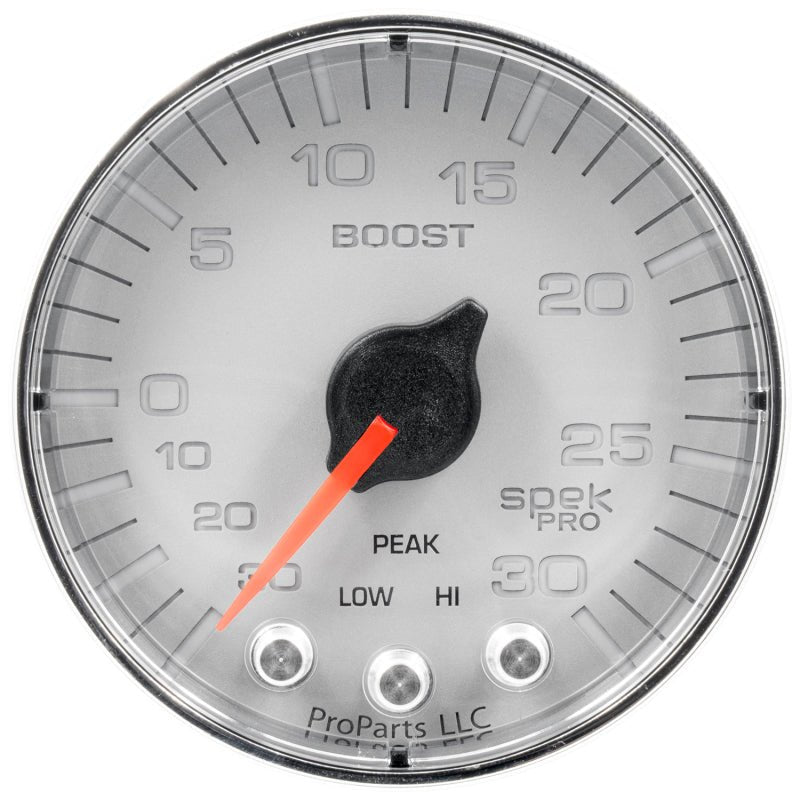 Autometer Spek-Pro Gauge Vac/Boost 2 1/16in 30Inhg-30psi Stepper Motor W/Peak & WarnSilver/Chrome AutoMeter Gauges