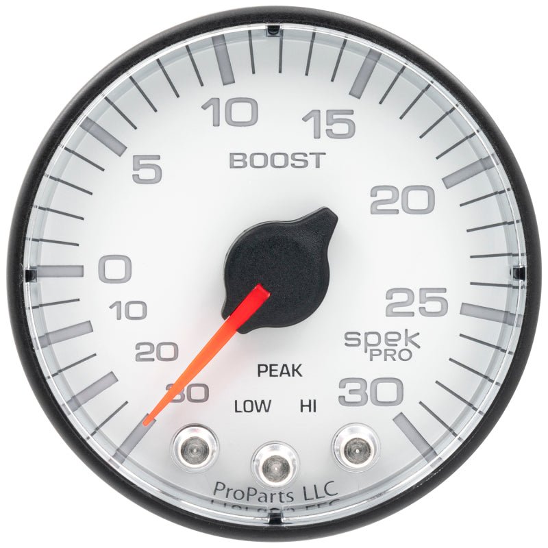 Autometer Spek-Pro Gauge Vac/Boost 2 1/16in 30Inhg-30psi Stepper Motor W/Peak & Warn White/Black AutoMeter Gauges
