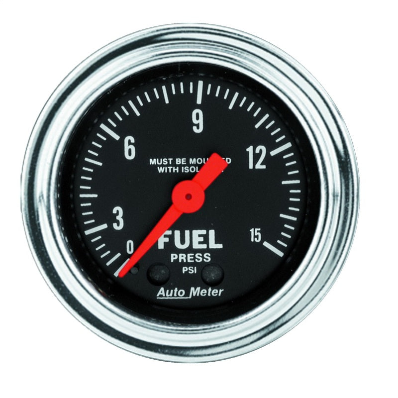 AutoMeter Gauge Fuel Pressure 2-1/16in. 15PSI Mech. W/Isolator Traditional Chrome AutoMeter Gauges