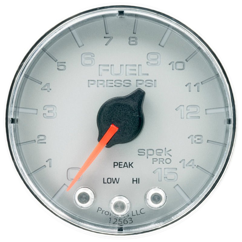 Autometer Spek-Pro Gauge Fuel Press 2 1/16in 15psi Stepper Motor W/Peak & Warn Slvr/Chrm AutoMeter Gauges