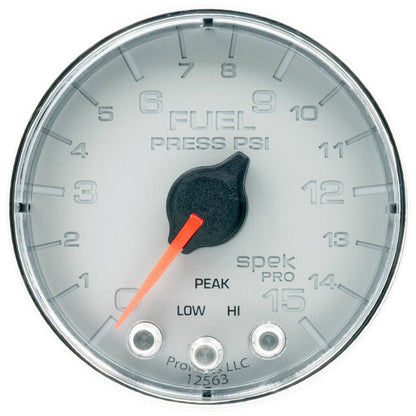 Autometer Spek-Pro Gauge Fuel Press 2 1/16in 15psi Stepper Motor W/Peak & Warn Slvr/Chrm AutoMeter Gauges