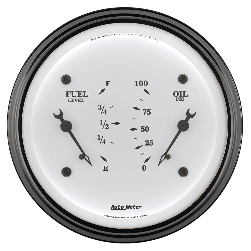 AutoMeter Gauge Dual Fuel & Oilp 3-3/8in. 0 Ohm(e) to 90 Ohm(f)& 100PSI Elec Old Tyme White AutoMeter Gauges