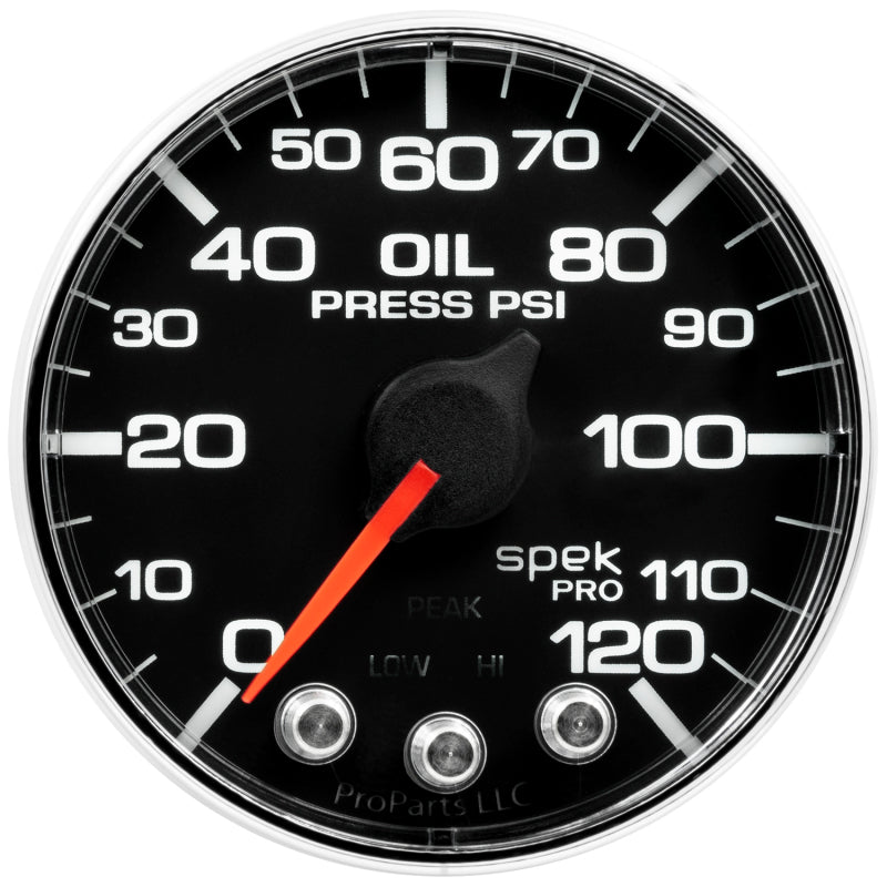 Autometer Spek-Pro Gauge Oil Press 2 1/16in 120psi Stepper Motor W/Peak & Warn Blk/Chrm AutoMeter Gauges