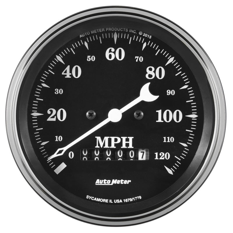 Auto Meter Gauge Speedo. 3 3/8in 120mph Elec. Prog. w/ Wheel Odo Old Tyme Black AutoMeter Gauges