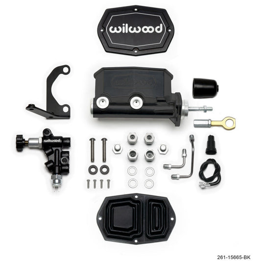 Wilwood Compact Tandem M/C - 1in Bore w/RH Bracket and Valve (Mustang Pushrod) - Black Wilwood Brake Master Cylinder