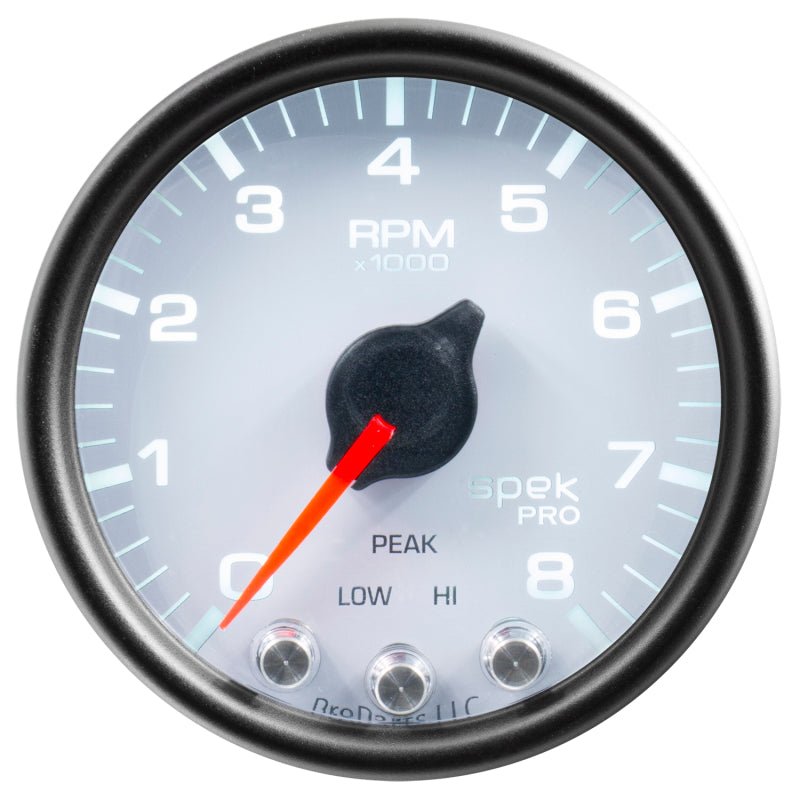 Autometer Spek-Pro Gauge Tach 2 1/16in 8K Rpm W/ Shift Light & Peak Mem Wht/Blk AutoMeter Gauges