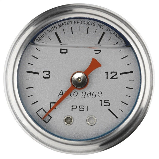 Autometer AutoGage 1.5in Liquid Filled Mechanical 0-15 PSI Fuel Pressure Gauge - Silver AutoMeter Gauges