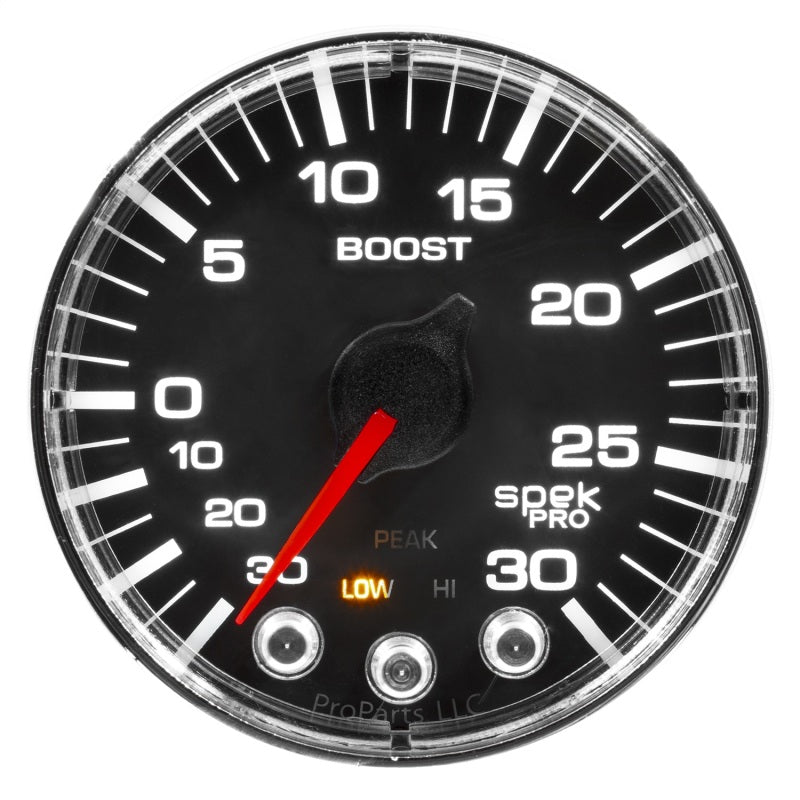 Autometer Spek-Pro Gauge Vac/Boost 2 1/16in 30Inhg-30psi Stepper Motor W/Peak & Warn Black/Chrome AutoMeter Gauges