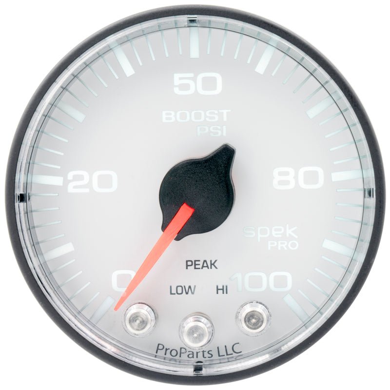 Autometer Spek-Pro 2 1/16in 100PSI Stepper Motor W/Peak & Warn White/Black Boost Gauge AutoMeter Gauges