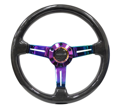 NRG Carbon Fiber Steering Wheel (350mm / 1.5in. Deep) Neochrome 3-Spoke Design w/Slit Cuts