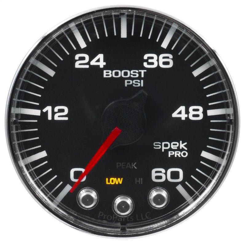 Autometer Spek-Pro Gauge Boost 2 1/16in 60psi Stepper Motor W/Peak & Warn Blk/Chrm AutoMeter Gauges