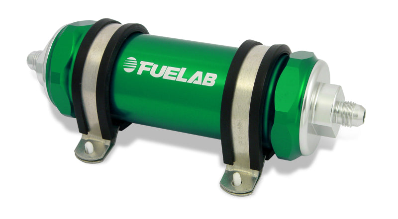 Fuelab 828 In-Line Fuel Filter Long -8AN In/Out 10 Micron Fabric - Green