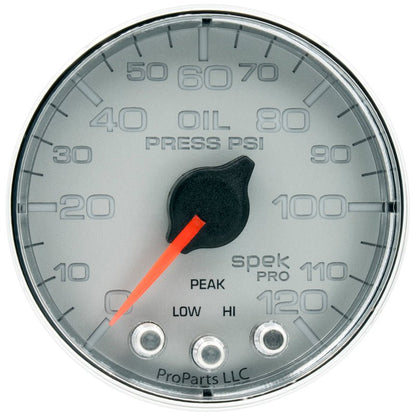 Autometer Spek-Pro Gauge Oil Press 2 1/16in 120psi Stepper Motor W/Peak & Warn Slvr/Chrm AutoMeter Gauges