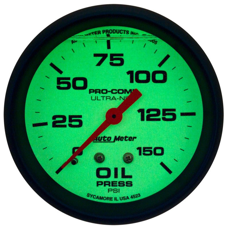 Autometer Ultra-Nite 2-5/8in 0-150 PSI Liquid Filled Mechanical Glow In Dark Oil Pressure Gauge AutoMeter Gauges