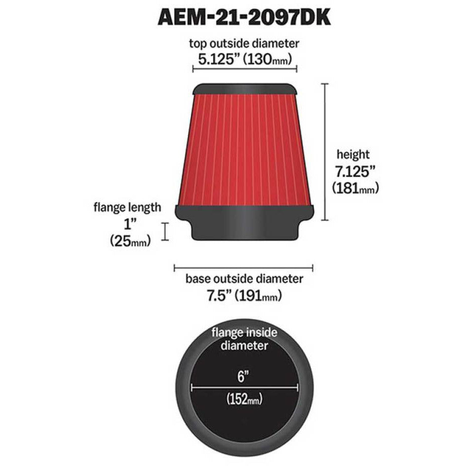 AEM Universal DryFlow Air Filter - Round Tapered - 5.125in Top OD x 7.5in Base OD x 7.125in H AEM Induction Air Filters - Universal Fit