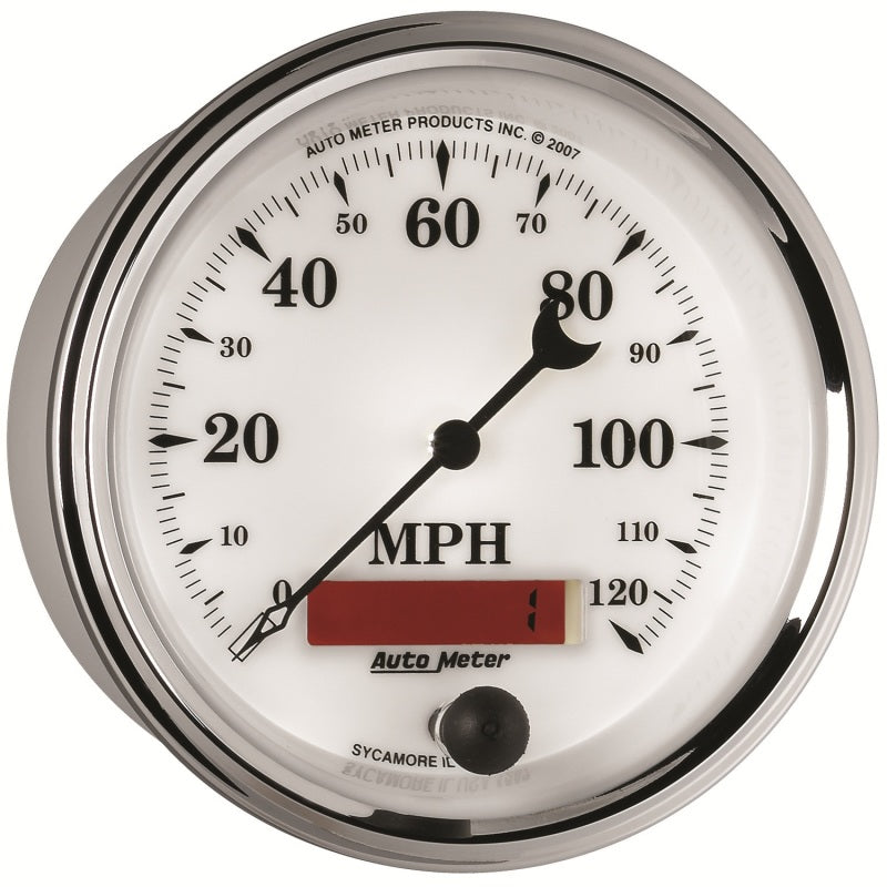 AutoMeter Gauge Speedometer 3-3/8in. 120MPH Elec. Prog. W/ Lcd Odo Old Tyme Wht II AutoMeter Gauges