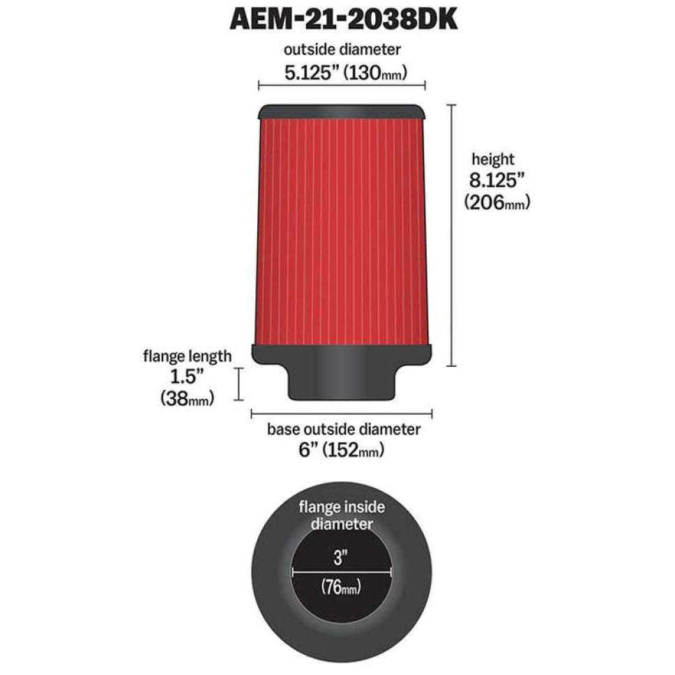 AEM 3 inch Short Neck 8 inch Element Filter Replacement AEM Induction Air Filters - Universal Fit