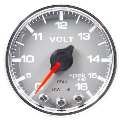 Autometer Spek-Pro Gauge Voltmeter 2 1/16in 16V Stepper Motor W/Peak & Warn Slvr/Chrm AutoMeter Gauges