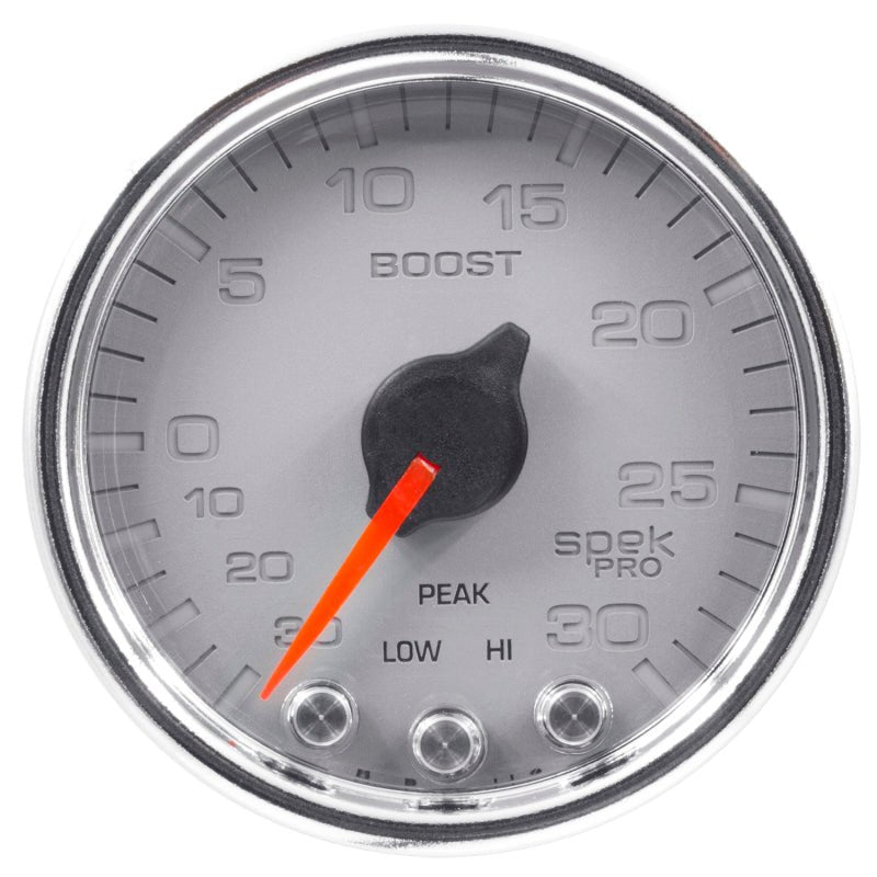 Autometer Spek-Pro Gauge Vac/Boost 2 1/16in 30Inhg-30psi Stepper Motor W/Peak & WarnSilver/Chrome AutoMeter Gauges