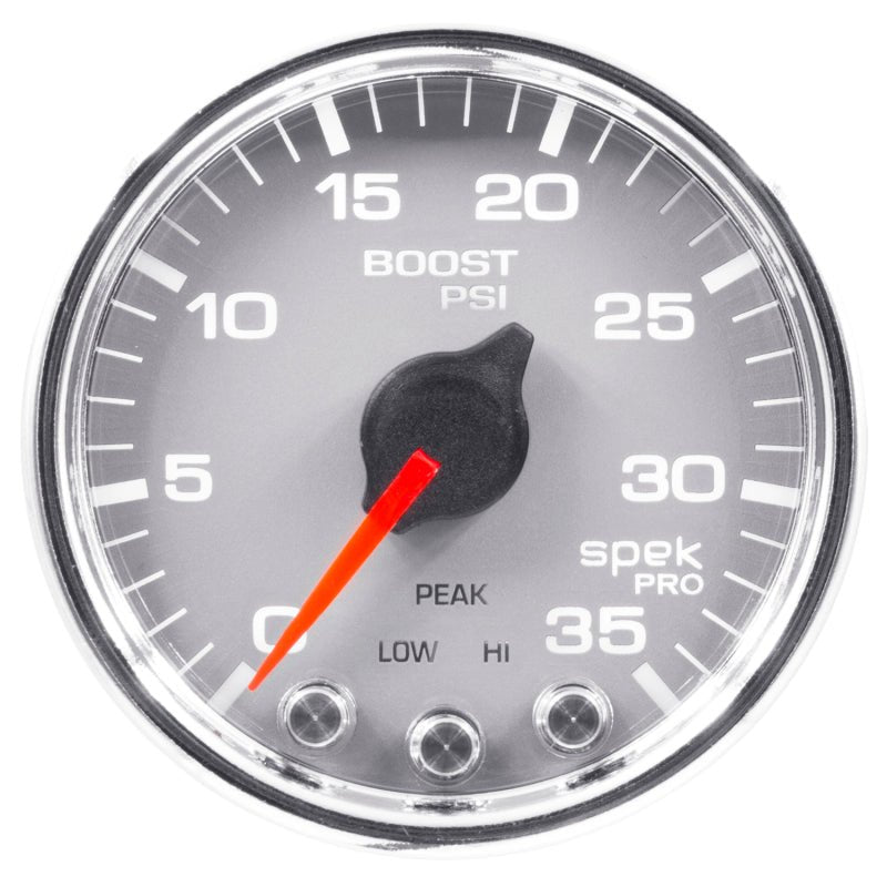 Autometer Spek-Pro Gauge Boost 2 1/16in 35psi Stepper Motor W/Peak & Warn Silver/Chrome AutoMeter Gauges