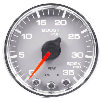 Autometer Spek-Pro Gauge Boost 2 1/16in 35psi Stepper Motor W/Peak & Warn Silver/Chrome AutoMeter Gauges