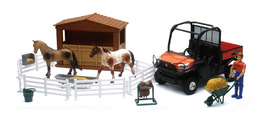 New Ray Toys Kubota RTV-X1120D Playset with Figurine, Barn and Horses/ Scale - 1:18