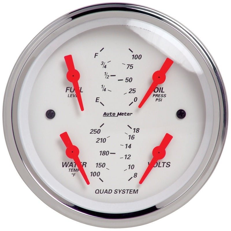 Autometer Arctic White 3-3/8in Quad Gauge 100 PSI/100-250 Deg F / 8-18V / 240-33 Ohm AutoMeter Gauges