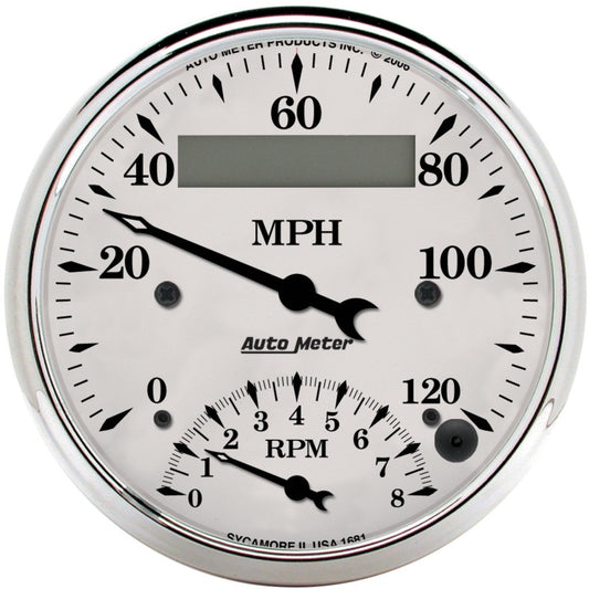 AutoMeter Gauge Tach/Speedo 3-3/8in. 120MPH & 8K RPM Elec. Program. Old Tyme Wht AutoMeter Gauges