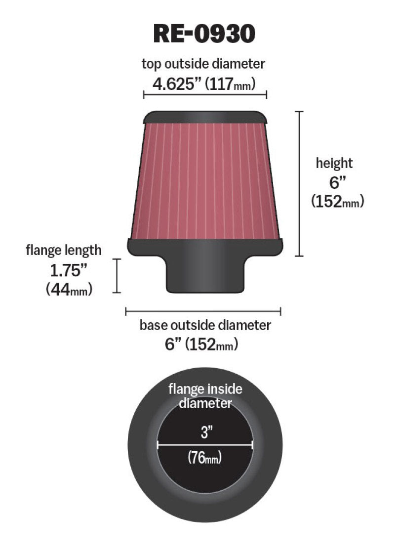 K&N Universal Rubber Filter - Round Tapered 6in Base OD x 3in Flange ID x 6in H