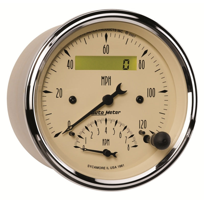 AutoMeter Gauge Tach/Speedo 3-3/8in. 120MPH & 8K RPM Elec. Program. Antq Beige AutoMeter Gauges