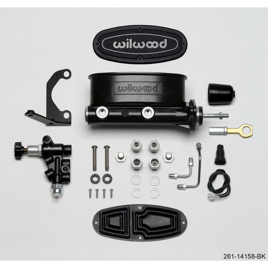 Wilwood HV Tandem M/C Kit w L/H Bracket & Prop Valve - 15/16in Bore Black-W/Push. - Early Mustang Wilwood Brake Master Cylinder