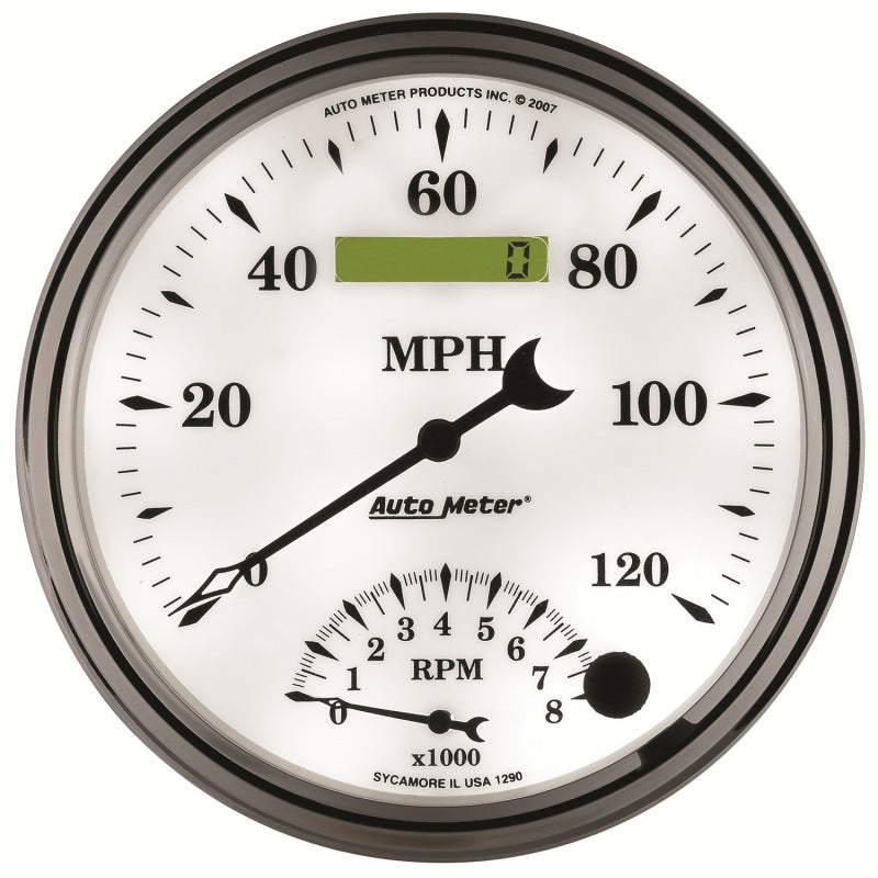 AutoMeter Gauge Tach/Speedo 5in. 120MPH & 8K RPM Elec. Program Old Tyme White II AutoMeter Gauges