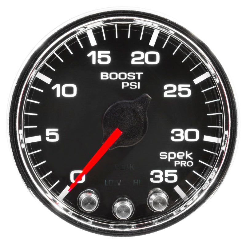 Autometer Spek-Pro Gauge Boost 2 1/16in 35psi Stepper Motor W/Peak & Warn Black/Chrome AutoMeter Gauges